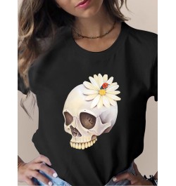 Summer Skull Flowers Fashion Women T-Shirt Graphic TShirt Lady Harajuku Tops 90s Short Sleeve Funny Tee Shirts Girls Clothes ...