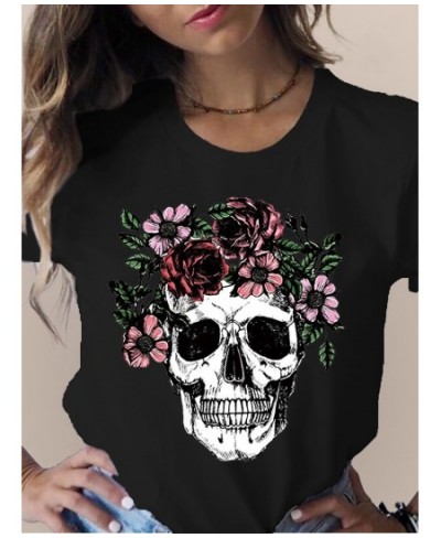 Summer Skull Flowers Fashion Women T-Shirt Graphic TShirt Lady Harajuku Tops 90s Short Sleeve Funny Tee Shirts Girls Clothes ...