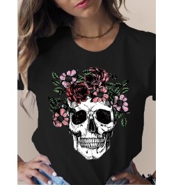 Summer Skull Flowers Fashion Women T-Shirt Graphic TShirt Lady Harajuku Tops 90s Short Sleeve Funny Tee Shirts Girls Clothes ...