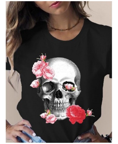 Summer Skull Flowers Fashion Women T-Shirt Graphic TShirt Lady Harajuku Tops 90s Short Sleeve Funny Tee Shirts Girls Clothes ...