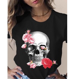 Summer Skull Flowers Fashion Women T-Shirt Graphic TShirt Lady Harajuku Tops 90s Short Sleeve Funny Tee Shirts Girls Clothes ...