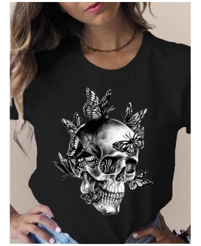 Summer Skull Flowers Fashion Women T-Shirt Graphic TShirt Lady Harajuku Tops 90s Short Sleeve Funny Tee Shirts Girls Clothes ...