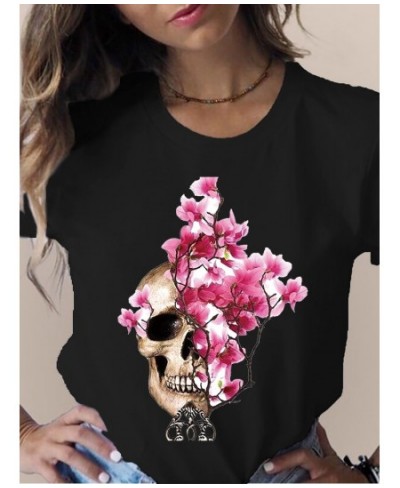 Summer Skull Flowers Fashion Women T-Shirt Graphic TShirt Lady Harajuku Tops 90s Short Sleeve Funny Tee Shirts Girls Clothes ...