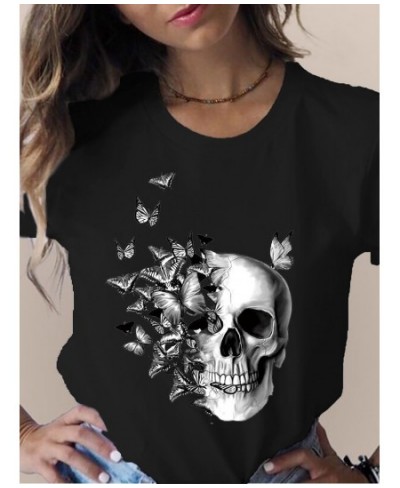 Summer Skull Flowers Fashion Women T-Shirt Graphic TShirt Lady Harajuku Tops 90s Short Sleeve Funny Tee Shirts Girls Clothes ...