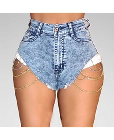 Plus Size Summer Sequin Chain Mini Hot Shorts Women Streetwear High Waist Snow Wash Denim Short Sexy Casual Pockets Skinny $4...