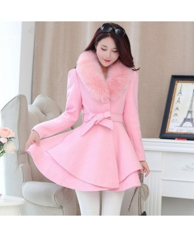 Korea Faux Fur Collar Wool Coats Women Autumn Winter Blend Woolen With Belt Single-Breasted Jackets Skirt Ruffled Overcoats 3...