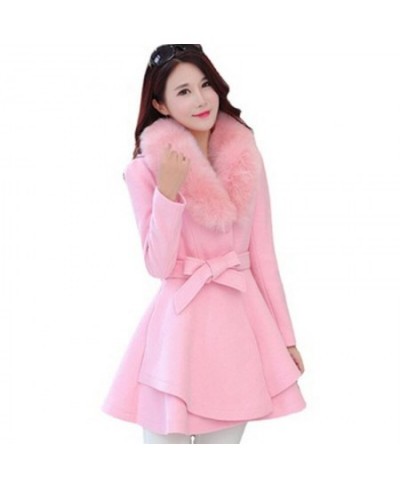 Korea Faux Fur Collar Wool Coats Women Autumn Winter Blend Woolen With Belt Single-Breasted Jackets Skirt Ruffled Overcoats 3...