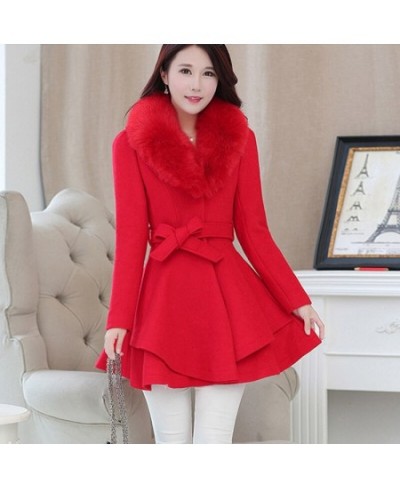 Korea Faux Fur Collar Wool Coats Women Autumn Winter Blend Woolen With Belt Single-Breasted Jackets Skirt Ruffled Overcoats 3...