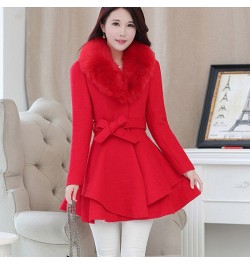 Korea Faux Fur Collar Wool Coats Women Autumn Winter Blend Woolen With Belt Single-Breasted Jackets Skirt Ruffled Overcoats 3...