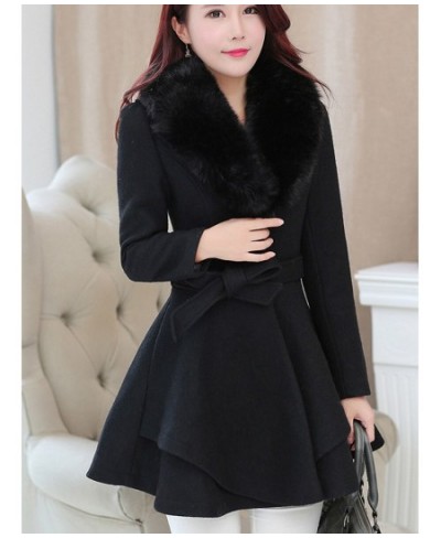 Korea Faux Fur Collar Wool Coats Women Autumn Winter Blend Woolen With Belt Single-Breasted Jackets Skirt Ruffled Overcoats 3...