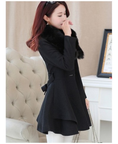 Korea Faux Fur Collar Wool Coats Women Autumn Winter Blend Woolen With Belt Single-Breasted Jackets Skirt Ruffled Overcoats 3...