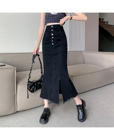 High Waist Women's Denim Long Skirts Spring Summer Buttons Side Split Blue Jeans Skirt Pockets Female 2023 New $51.95 - Skirts