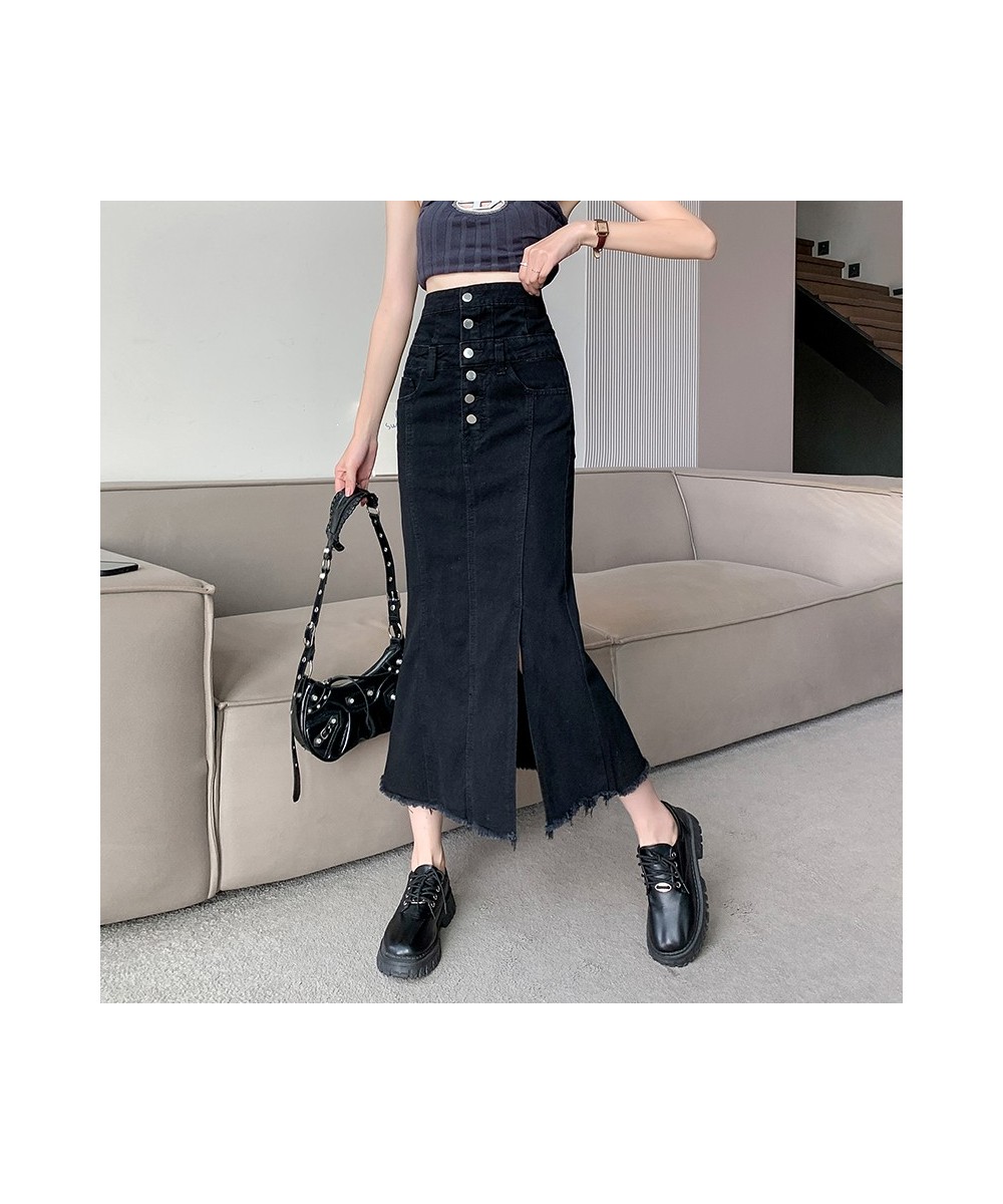 High Waist Women's Denim Long Skirts Spring Summer Buttons Side Split Blue Jeans Skirt Pockets Female 2023 New $51.95 - Skirts