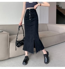 High Waist Women's Denim Long Skirts Spring Summer Buttons Side Split Blue Jeans Skirt Pockets Female 2023 New $51.95 - Skirts