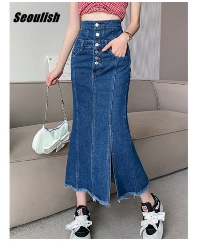 High Waist Women's Denim Long Skirts Spring Summer Buttons Side Split Blue Jeans Skirt Pockets Female 2023 New $51.95 - Skirts