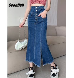 High Waist Women's Denim Long Skirts Spring Summer Buttons Side Split Blue Jeans Skirt Pockets Female 2023 New $51.95 - Skirts