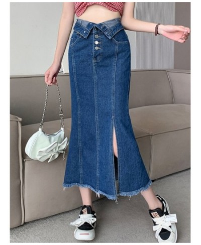 High Waist Women's Denim Long Skirts Spring Summer Buttons Side Split Blue Jeans Skirt Pockets Female 2023 New $51.95 - Skirts