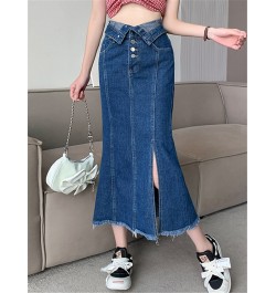 High Waist Women's Denim Long Skirts Spring Summer Buttons Side Split Blue Jeans Skirt Pockets Female 2023 New $51.95 - Skirts