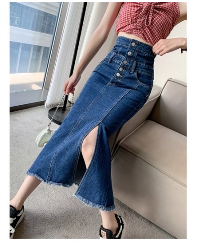 High Waist Women's Denim Long Skirts Spring Summer Buttons Side Split Blue Jeans Skirt Pockets Female 2023 New $51.95 - Skirts