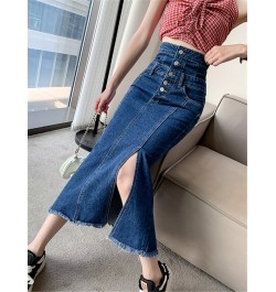 High Waist Women's Denim Long Skirts Spring Summer Buttons Side Split Blue Jeans Skirt Pockets Female 2023 New $51.95 - Skirts