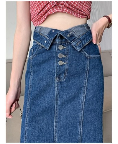 High Waist Women's Denim Long Skirts Spring Summer Buttons Side Split Blue Jeans Skirt Pockets Female 2023 New $51.95 - Skirts