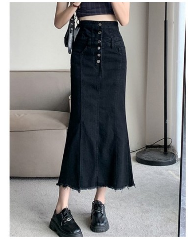 High Waist Women's Denim Long Skirts Spring Summer Buttons Side Split Blue Jeans Skirt Pockets Female 2023 New $51.95 - Skirts