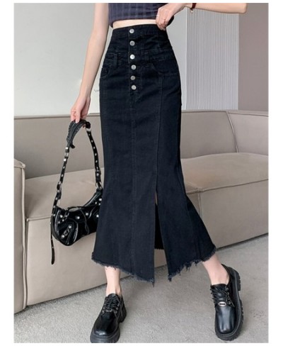 High Waist Women's Denim Long Skirts Spring Summer Buttons Side Split Blue Jeans Skirt Pockets Female 2023 New $51.95 - Skirts