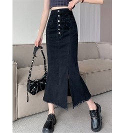 High Waist Women's Denim Long Skirts Spring Summer Buttons Side Split Blue Jeans Skirt Pockets Female 2023 New $51.95 - Skirts