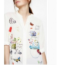 Spanish Desigual women's new shirt printed embroidery breathable top V neck chiffon dress fashion slim body show temperament ...