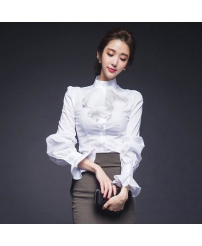 White Long Shirt Women Spring Elegant Lantern Sleeve Office Tops Shirts Streetwear Vintage Slim Ruffles Blouse $73.21 - Blous...