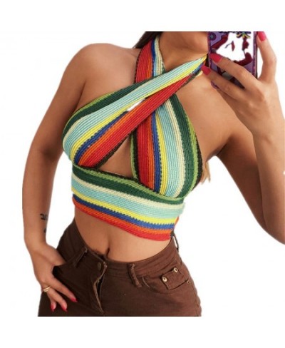 2023 Summer Neck Bandage Crop Top Knitted Women Sexy Color Bar Backless Sleeveless Casual Off Shoulder Party Tank Tops $36.56...