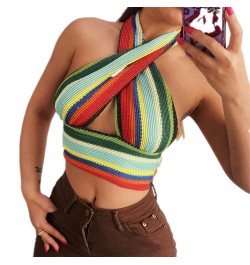 2023 Summer Neck Bandage Crop Top Knitted Women Sexy Color Bar Backless Sleeveless Casual Off Shoulder Party Tank Tops $36.56...