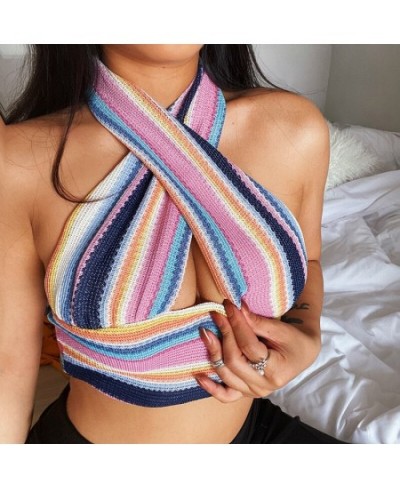 2023 Summer Neck Bandage Crop Top Knitted Women Sexy Color Bar Backless Sleeveless Casual Off Shoulder Party Tank Tops $36.56...