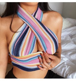 2023 Summer Neck Bandage Crop Top Knitted Women Sexy Color Bar Backless Sleeveless Casual Off Shoulder Party Tank Tops $36.56...