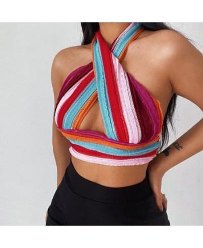 2023 Summer Neck Bandage Crop Top Knitted Women Sexy Color Bar Backless Sleeveless Casual Off Shoulder Party Tank Tops $36.56...