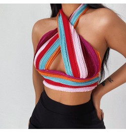 2023 Summer Neck Bandage Crop Top Knitted Women Sexy Color Bar Backless Sleeveless Casual Off Shoulder Party Tank Tops $36.56...