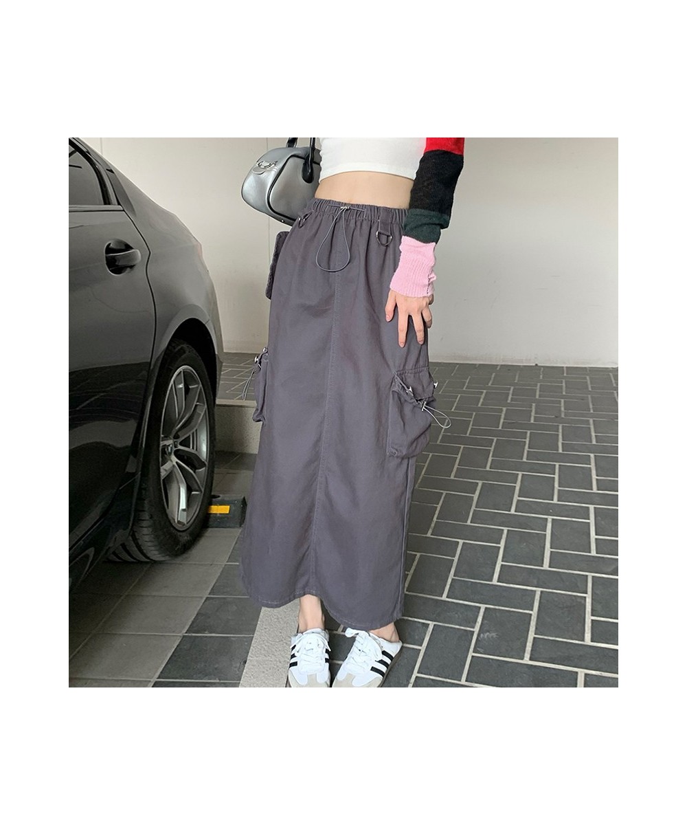 Cargo Long Skirts for Women 2022 New Vintage Streetwear Drawstring Split High Waist Loose Mid Calf Y2k Skirt $48.58 - Skirts