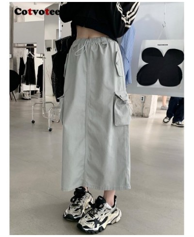 Cargo Long Skirts for Women 2022 New Vintage Streetwear Drawstring Split High Waist Loose Mid Calf Y2k Skirt $48.58 - Skirts