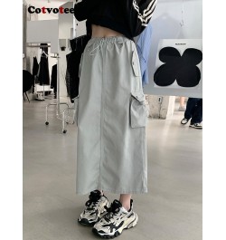 Cargo Long Skirts for Women 2022 New Vintage Streetwear Drawstring Split High Waist Loose Mid Calf Y2k Skirt $48.58 - Skirts