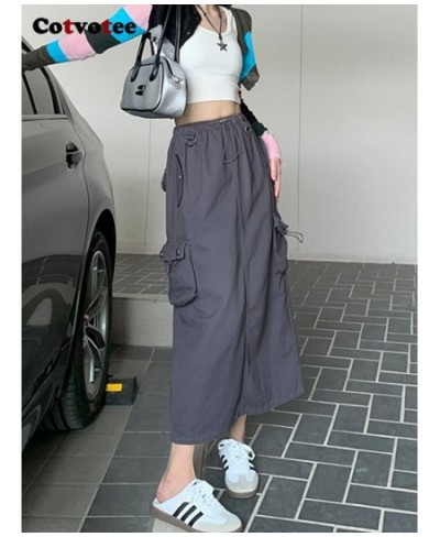 Cargo Long Skirts for Women 2022 New Vintage Streetwear Drawstring Split High Waist Loose Mid Calf Y2k Skirt $48.58 - Skirts