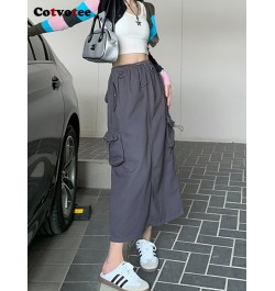 Cargo Long Skirts for Women 2022 New Vintage Streetwear Drawstring Split High Waist Loose Mid Calf Y2k Skirt $48.58 - Skirts