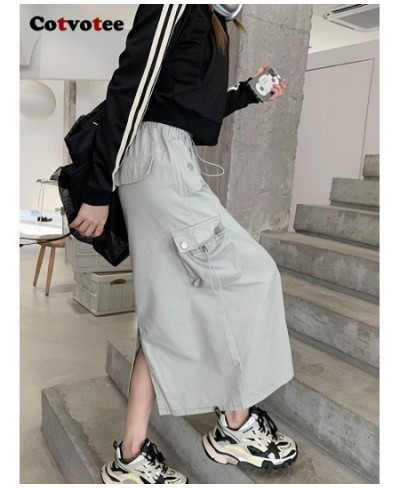 Cargo Long Skirts for Women 2022 New Vintage Streetwear Drawstring Split High Waist Loose Mid Calf Y2k Skirt $48.58 - Skirts