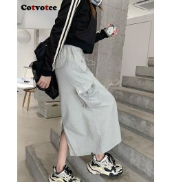 Cargo Long Skirts for Women 2022 New Vintage Streetwear Drawstring Split High Waist Loose Mid Calf Y2k Skirt $48.58 - Skirts