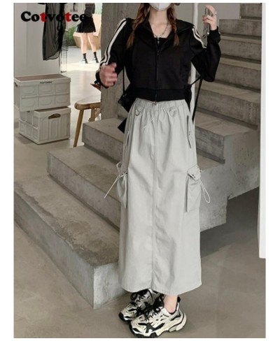 Cargo Long Skirts for Women 2022 New Vintage Streetwear Drawstring Split High Waist Loose Mid Calf Y2k Skirt $48.58 - Skirts