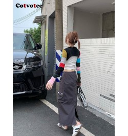 Cargo Long Skirts for Women 2022 New Vintage Streetwear Drawstring Split High Waist Loose Mid Calf Y2k Skirt $48.58 - Skirts