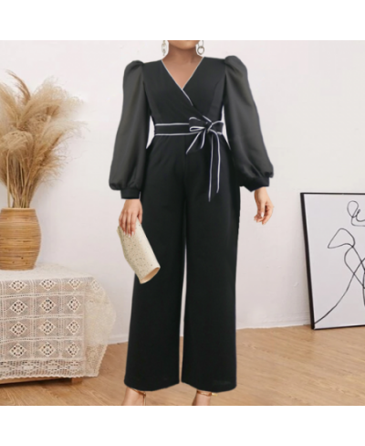 Plus Size Classy Women Long Jumpsuits Elegant Fashion Chiffon Sleeve Lace Up Rompers Summer Fall Party Office One Piece Outfi...