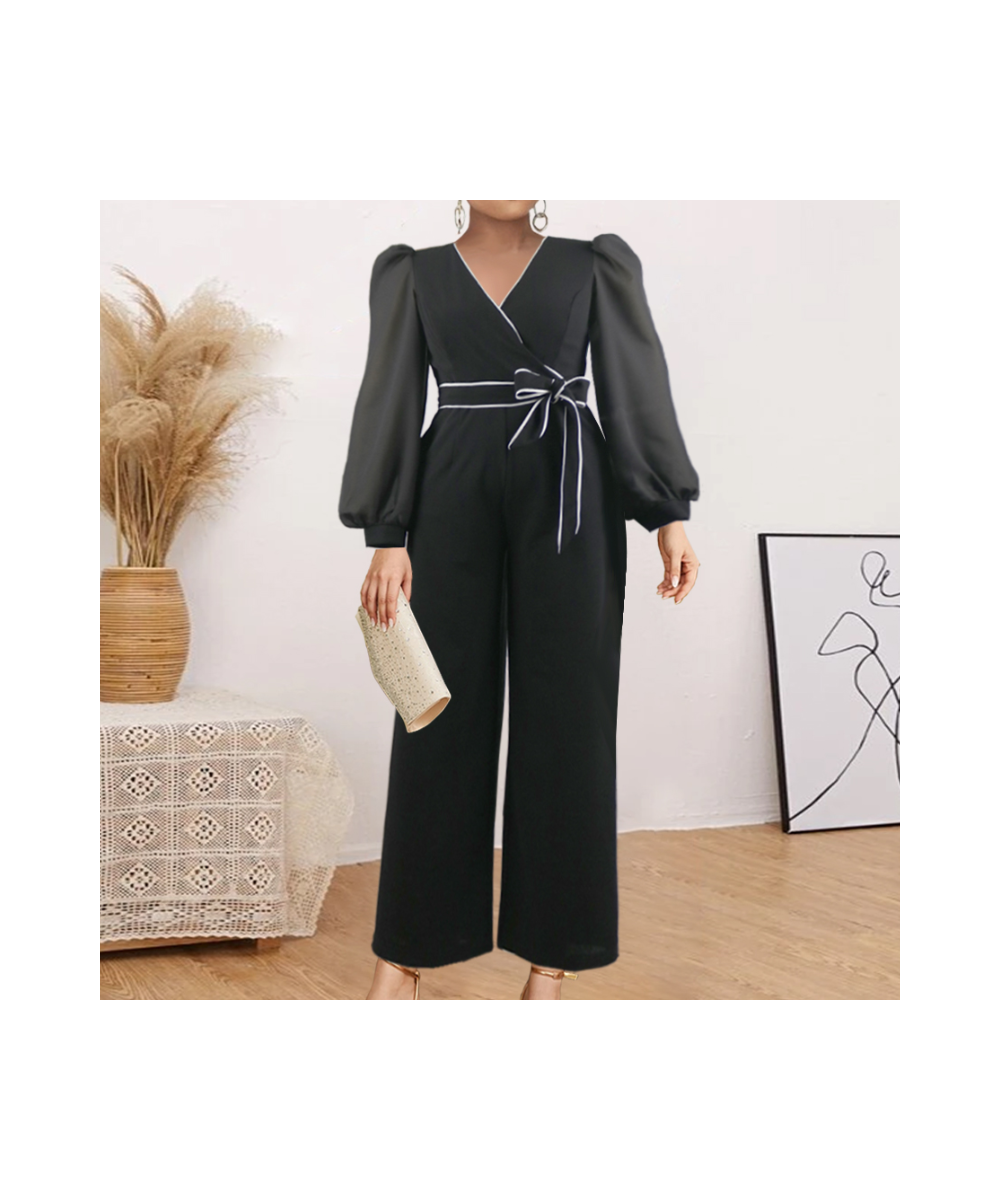 Plus Size Classy Women Long Jumpsuits Elegant Fashion Chiffon Sleeve Lace Up Rompers Summer Fall Party Office One Piece Outfi...