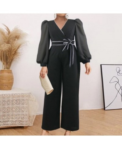 Plus Size Classy Women Long Jumpsuits Elegant Fashion Chiffon Sleeve Lace Up Rompers Summer Fall Party Office One Piece Outfi...