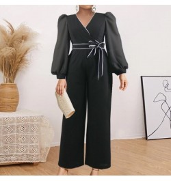 Plus Size Classy Women Long Jumpsuits Elegant Fashion Chiffon Sleeve Lace Up Rompers Summer Fall Party Office One Piece Outfi...