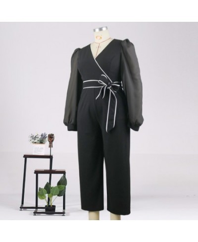 Plus Size Classy Women Long Jumpsuits Elegant Fashion Chiffon Sleeve Lace Up Rompers Summer Fall Party Office One Piece Outfi...